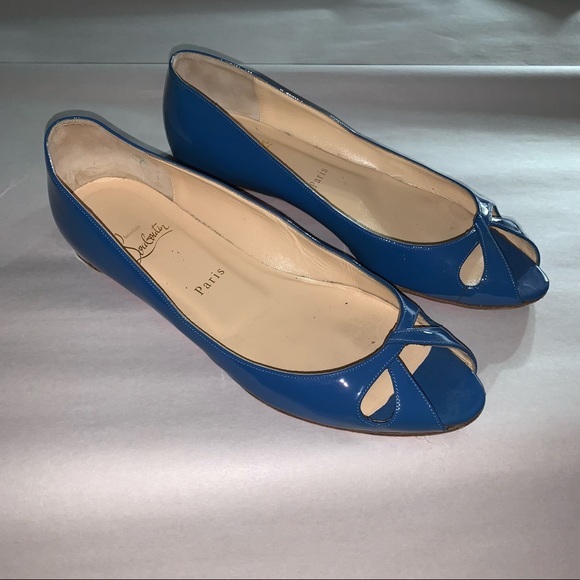 CHRISTIAN LOUBOUTIN size 39.5 bright blue PATENT LEATHER peep toe FLATS - Picture 11 of 11